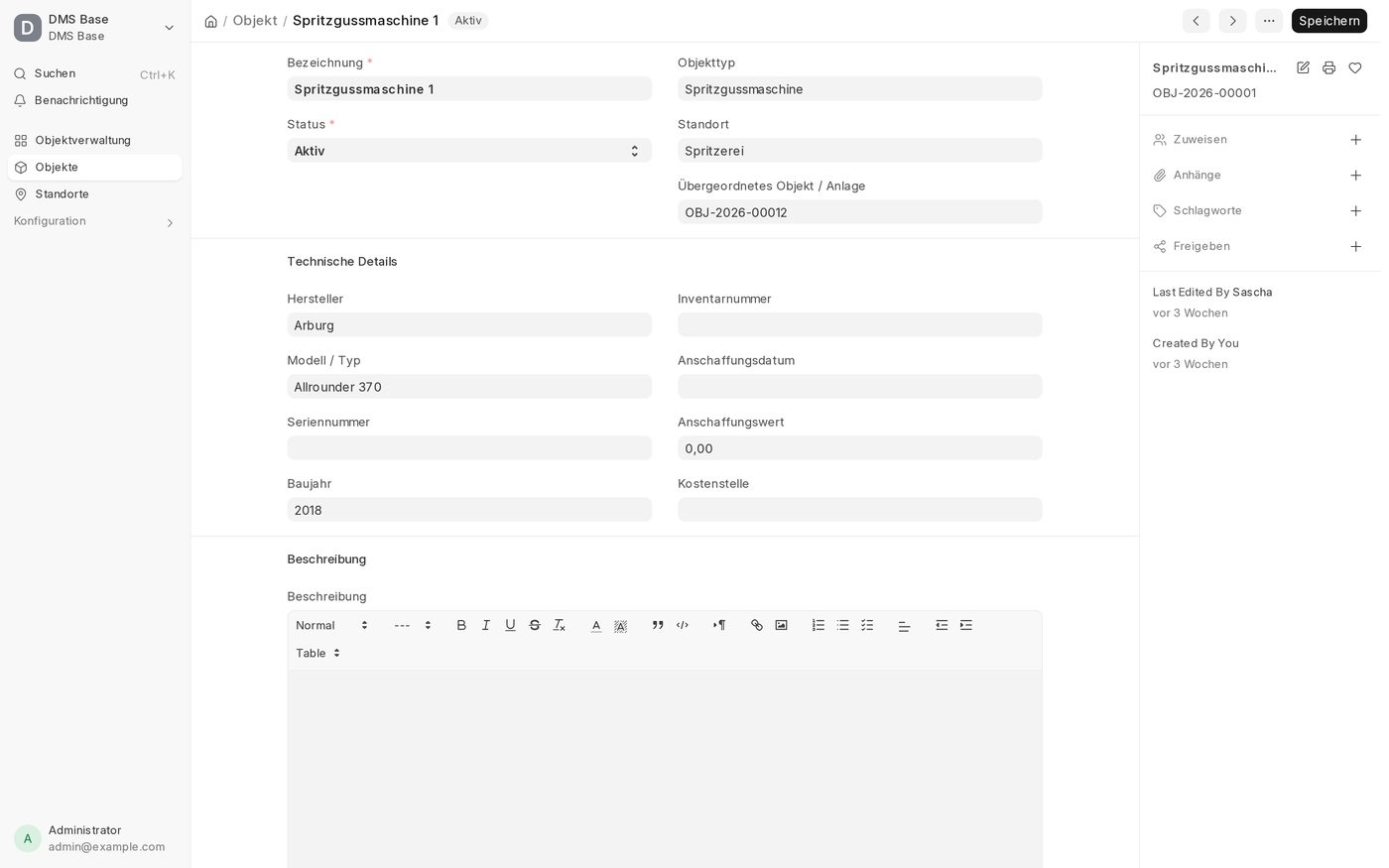 Objektdetails mit Hersteller, Modell und technischen Daten