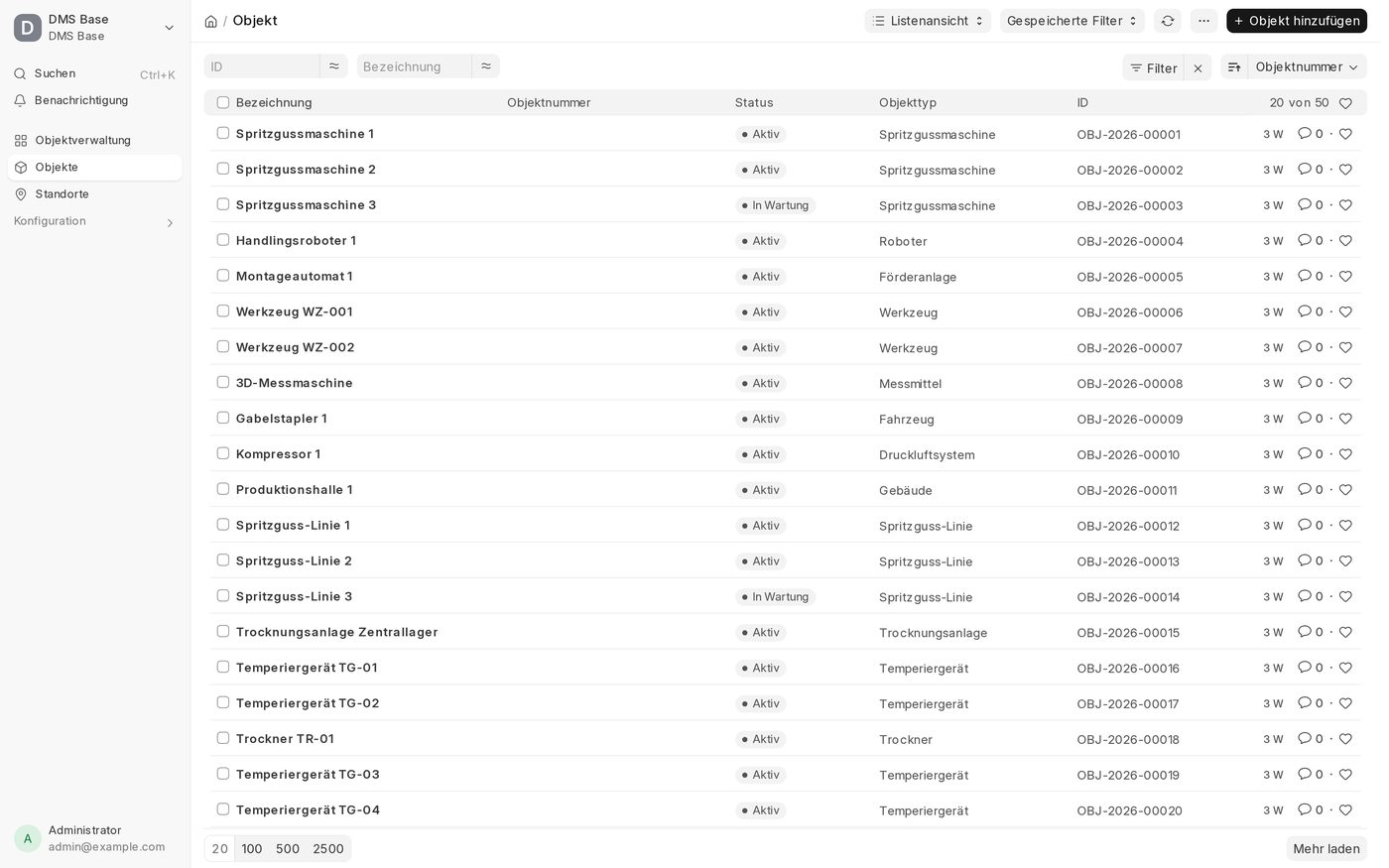 Liste aller Objekte mit Status und Objekttyp