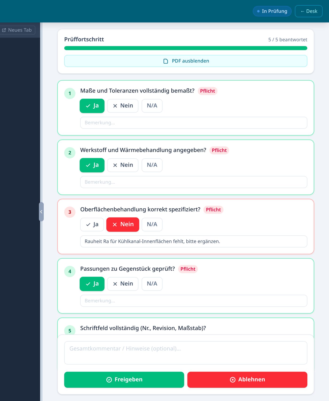 Prüfprotokoll mit beantworteter Checkliste und Freigeben/Ablehnen-Buttons
